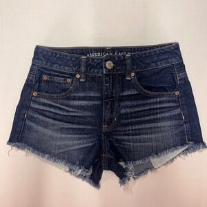 American Eagle Denim Shorts Hi-Rise‎ Festival Frayed Hem Dark Wash Size 2